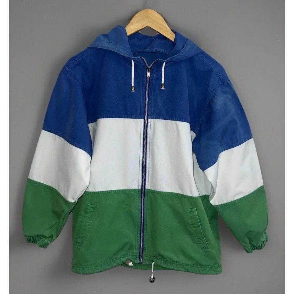 VTG Nautical Hooded Windbreaker Jacket Blue Green White Canvas Small 1980s Retro - Picture 2 of 9
